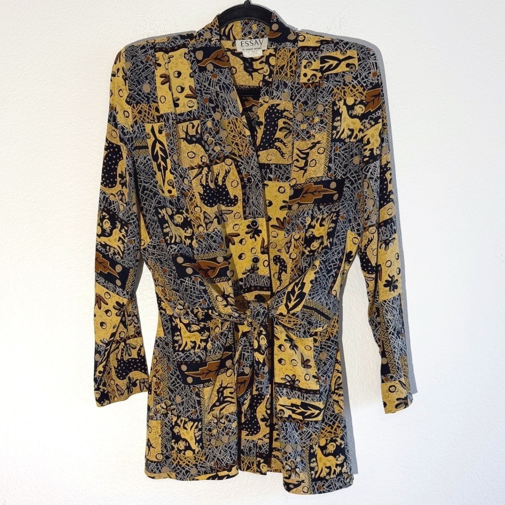 Vintage Essay Sharon Anthony Abstract Animal Print Rayon Tunic Tie Waist Top 6
